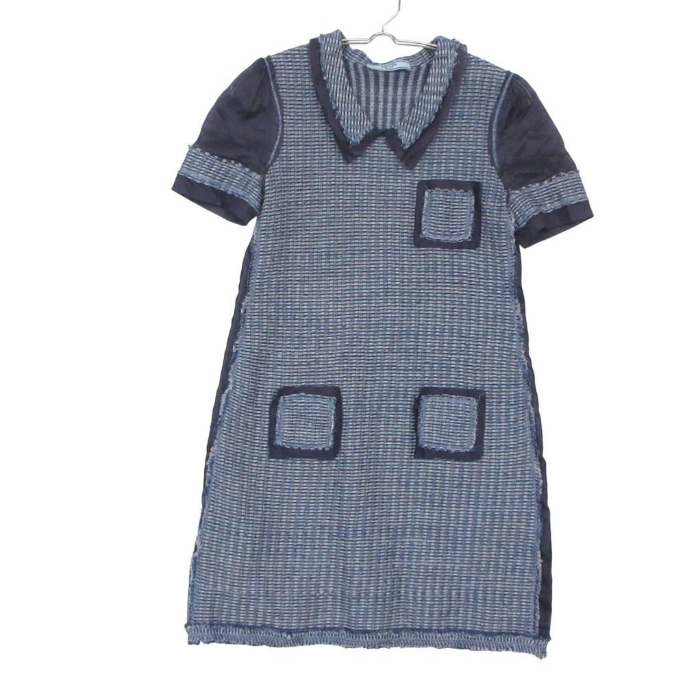 Prada Dress Tweed Chiffon Contrast Shirt Short Sleeve Blue