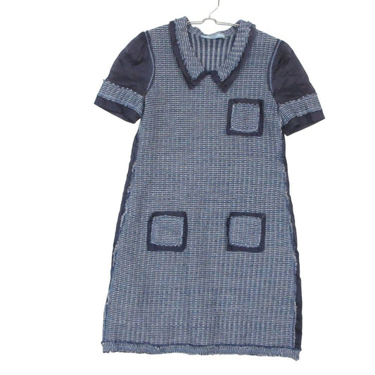 Prada Dress Tweed Chiffon Contrast Shirt Short Sleeve Blue