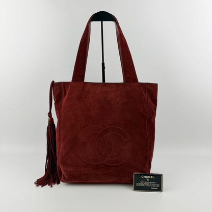 Chanel CC Logo Tote Shoulder Bag Red Suede Vintage — view 2