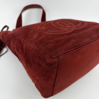 Chanel CC Logo Tote Shoulder Bag Red Suede Vintage — view 9