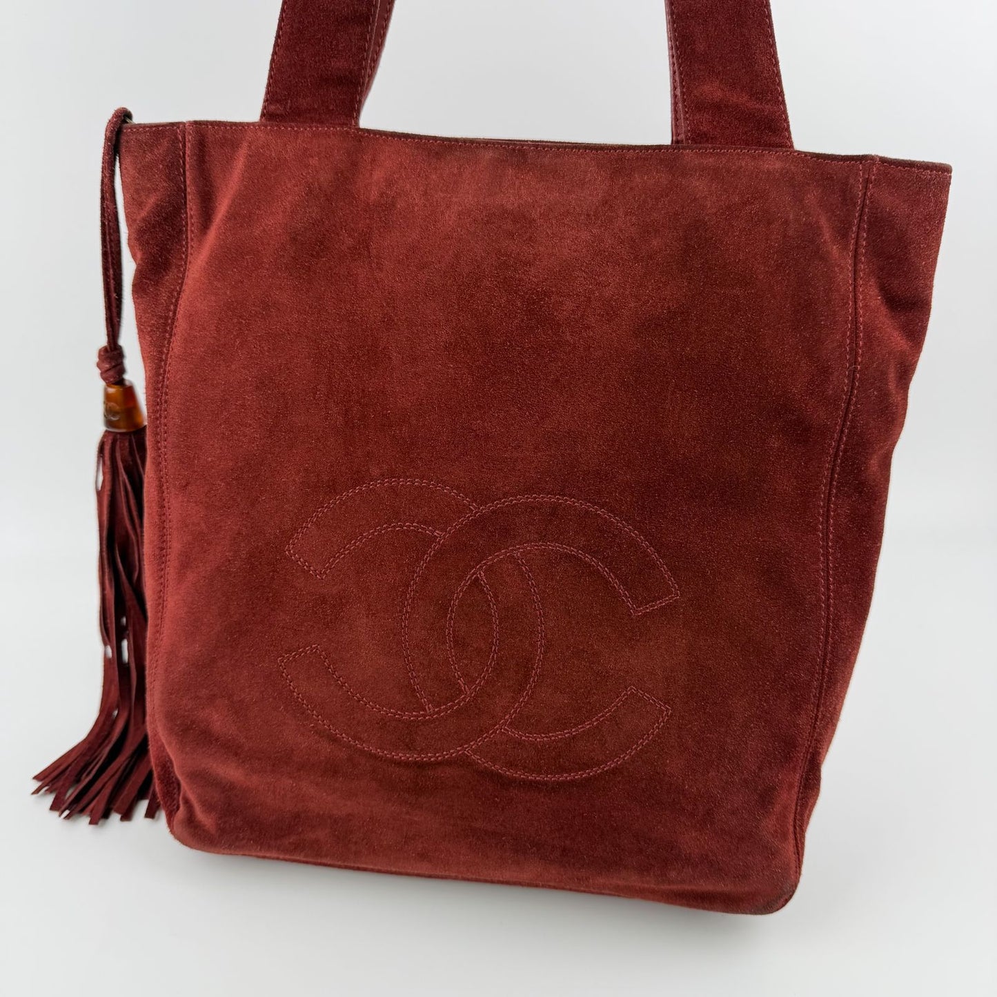 Chanel CC Logo Tote Shoulder Bag Red Suede Vintage — view 3