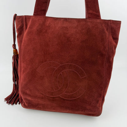 Chanel CC Logo Tote Shoulder Bag Red Suede Vintage — view 3