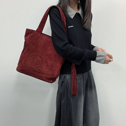 Chanel CC Logo Tote Shoulder Bag Red Suede Vintage