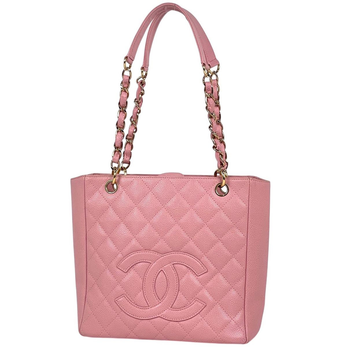 Chanel CC Logo Chain Tote Shoulder Bag Quilted Petite Shopping PST Caviar