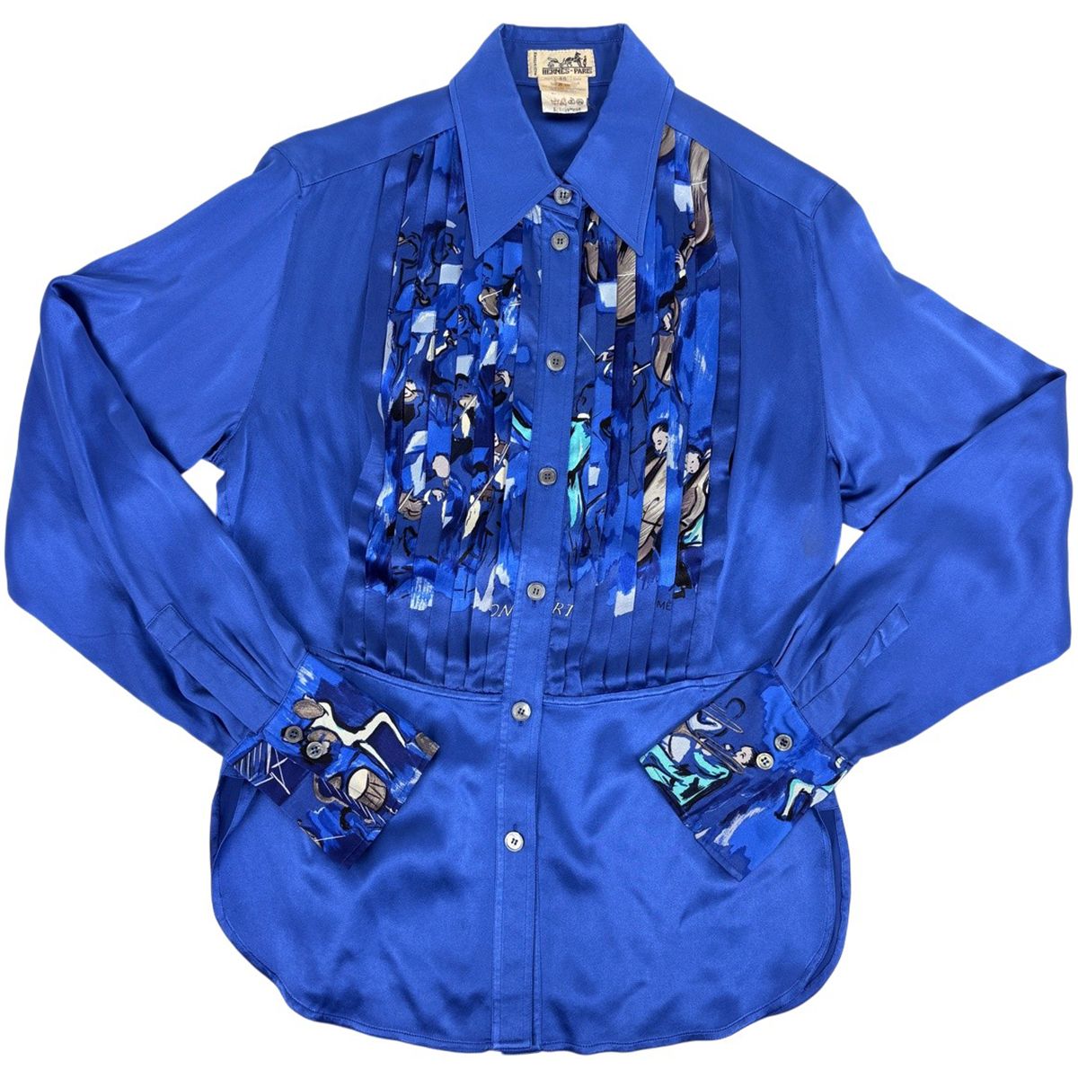 Hermes Pleated Replacement Long Sleeve Shirt Concerto Top Silk Blue Multicolor