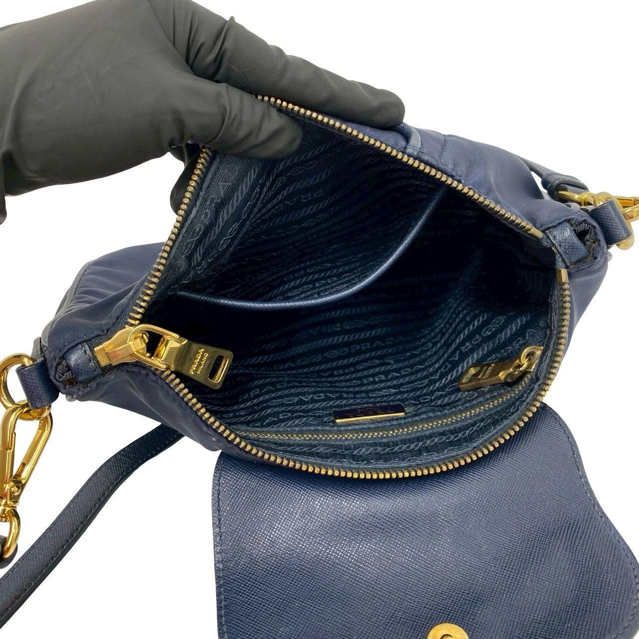 Prada Triangle Logo Nylon Saffiano Leather Mini Shoulder Bag Pochette Crossbody — view 9