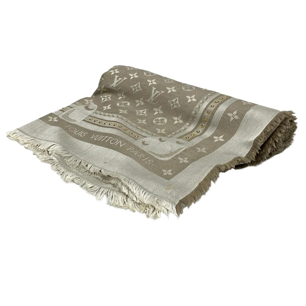 Louis Vuitton Shawl Beige Gold Studded Wool Silk Scarf