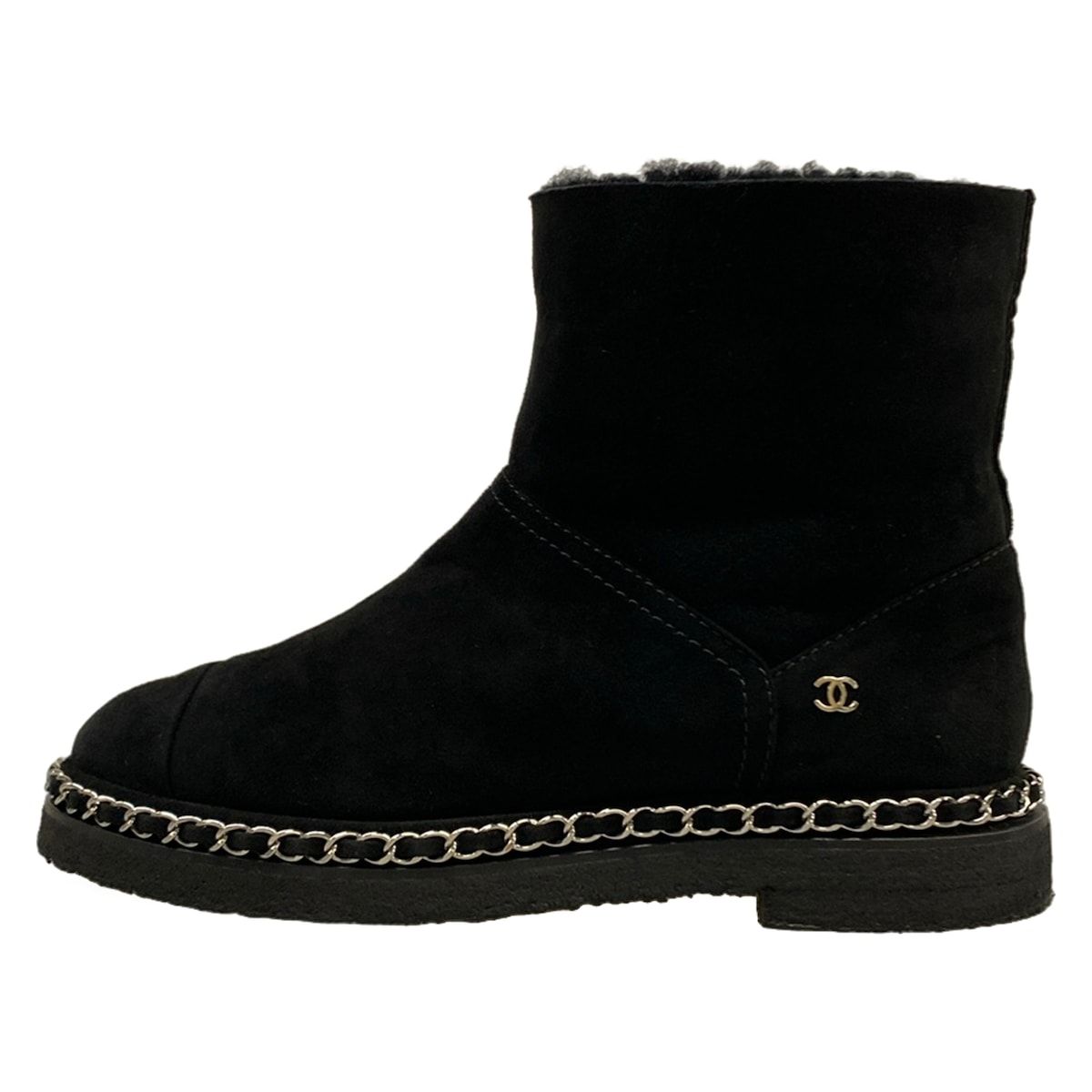 Chanel Short Boots 36 C Black Chain Shearling