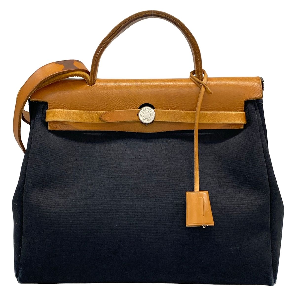 Hermes Handbag Herbag PM Black Light Brown Silver