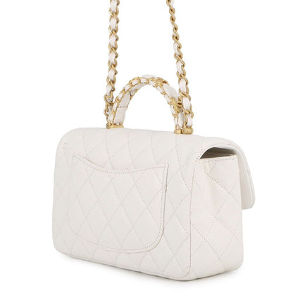 Chanel Chain Shoulder Bag Quilted CC Logo Top Handle Small Caviar Leather White — view 2