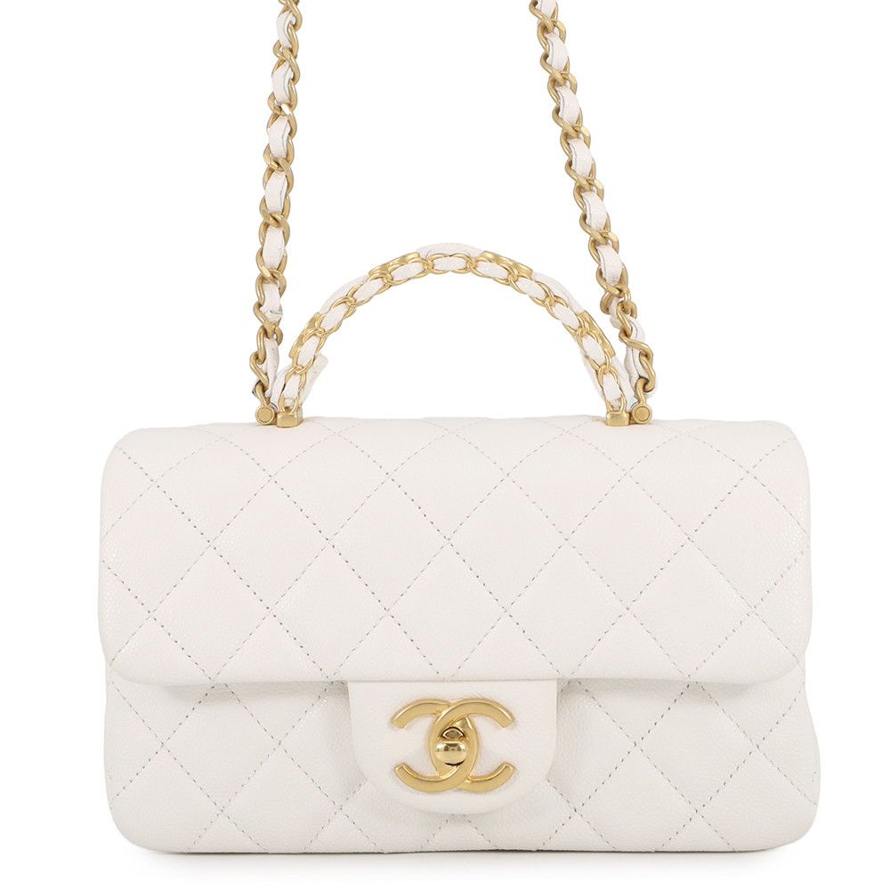 Chanel Chain Shoulder Bag Quilted CC Logo Top Handle Small Caviar Leather White