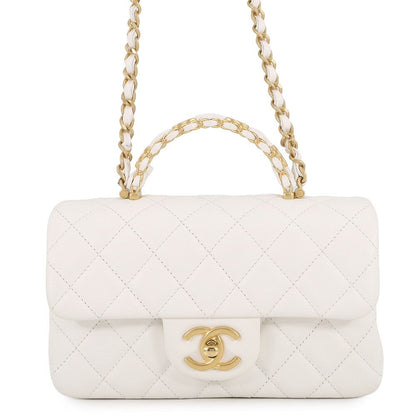 Chanel Chain Shoulder Bag Quilted CC Logo Top Handle Small Caviar Leather White