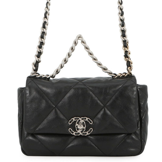 Chanel Chain Shoulder Bag 19 CC Logo Shiny Lambskin Black