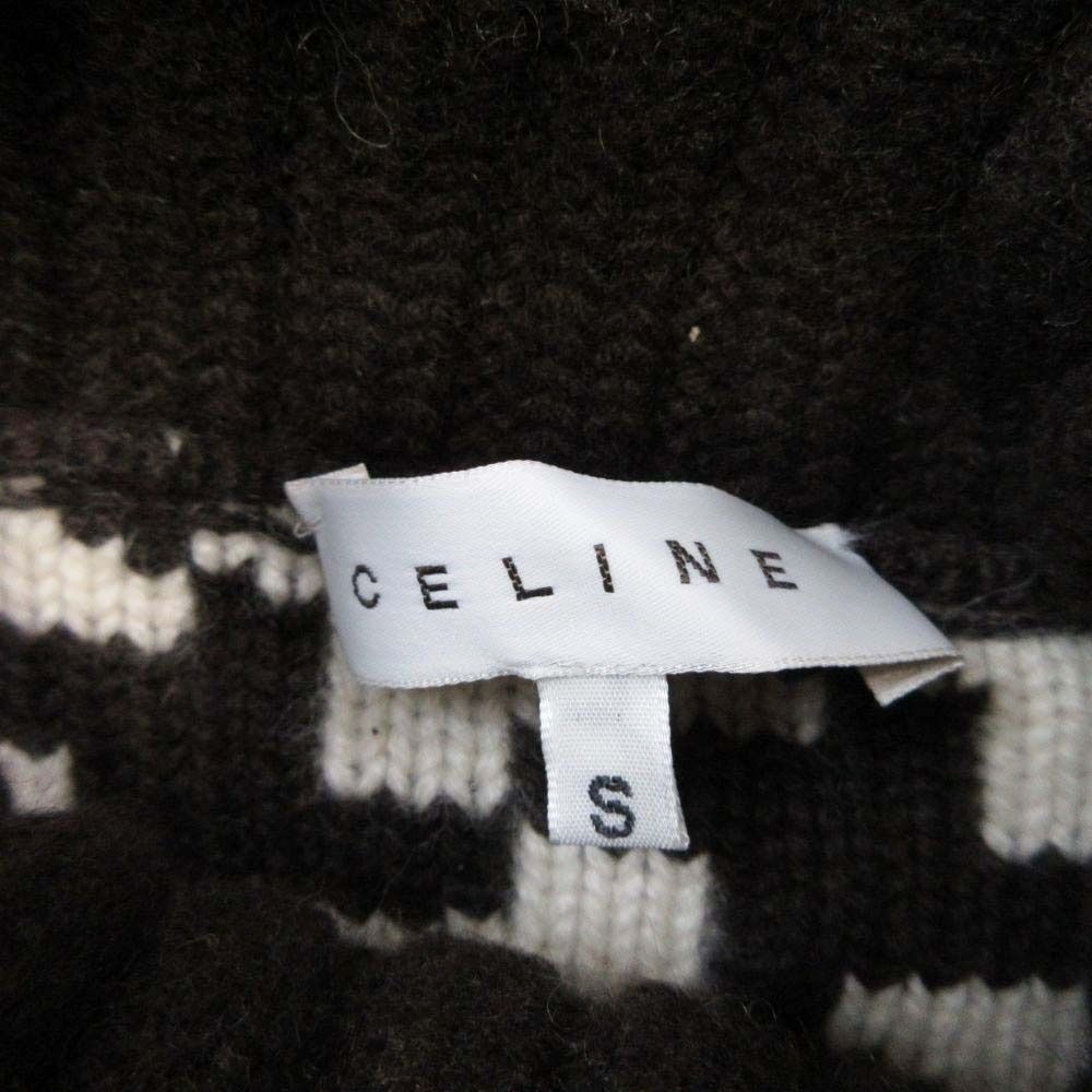 Celine Vintage Cashmere Turtle Knit Sweater Houndstooth Pattern S Brown Off — view 5