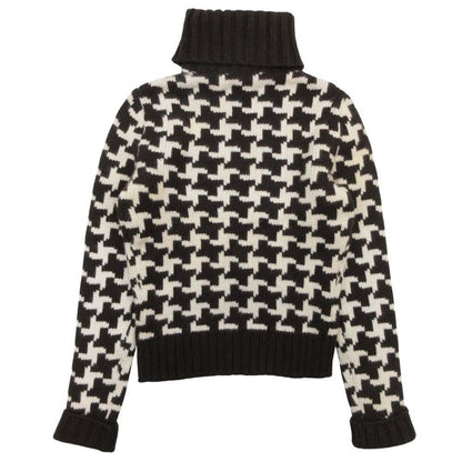 Celine Vintage Cashmere Turtle Knit Sweater Houndstooth Pattern S Brown Off — view 2