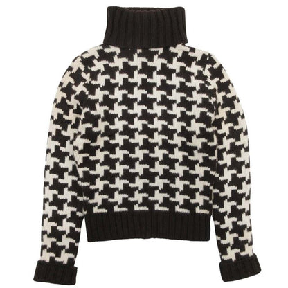 Celine Vintage Cashmere Turtle Knit Sweater Houndstooth Pattern S Brown Off