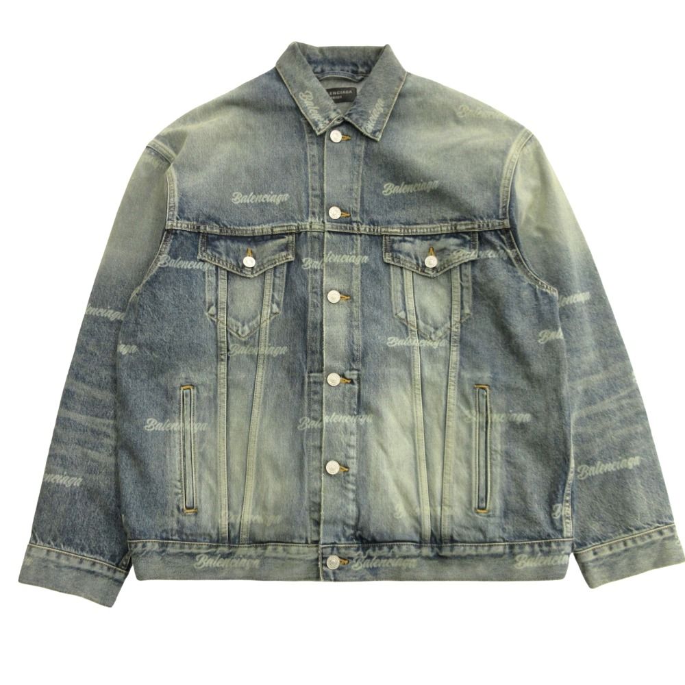 Balenciaga Oversize Denim Jacket Distressed Logo Allover Pattern XS Indigo