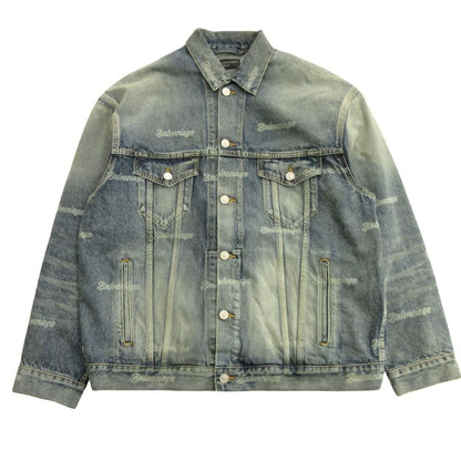 Balenciaga Oversize Denim Jacket Distressed Logo Allover Pattern XS Indigo