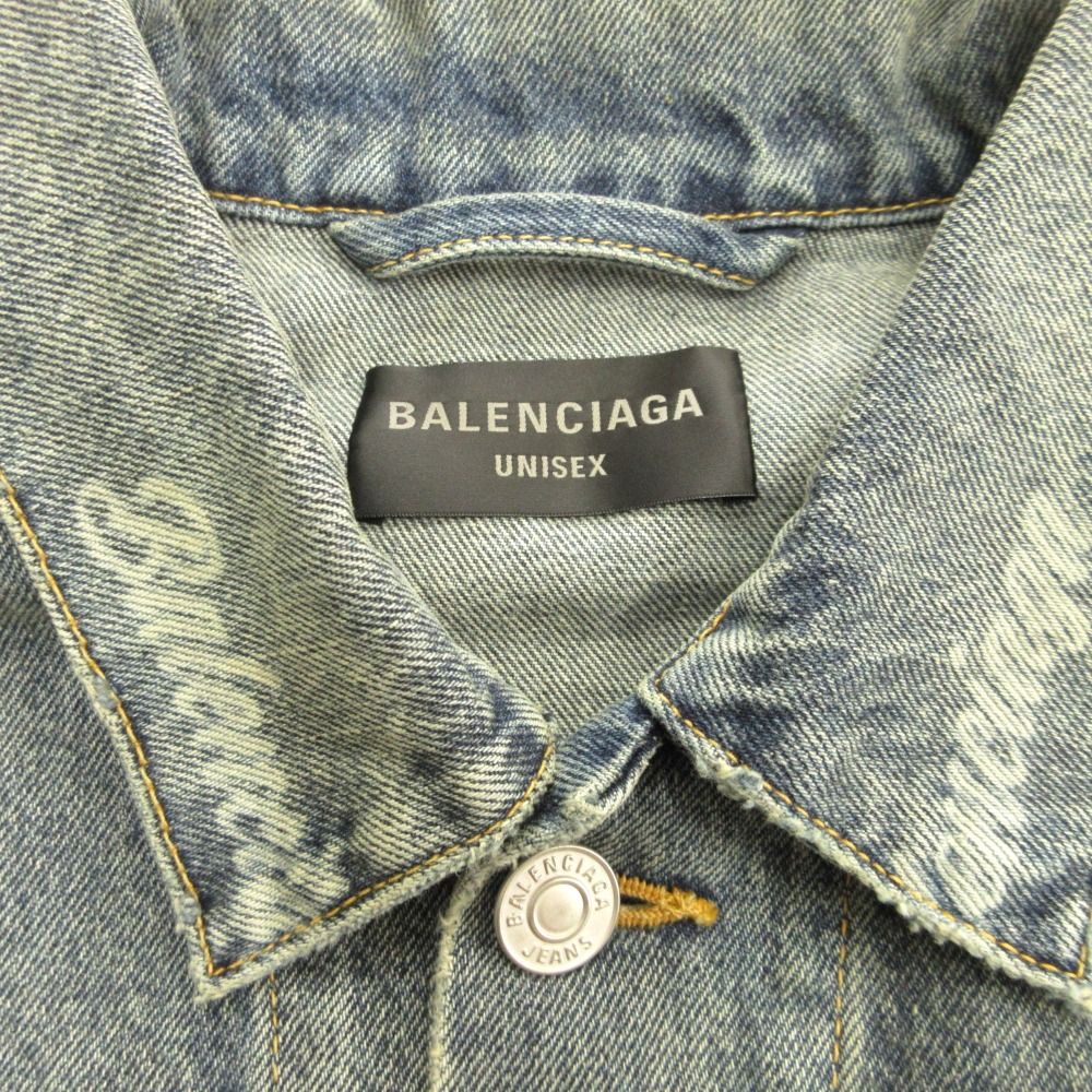 Balenciaga Oversize Denim Jacket Distressed Logo Allover Pattern XS Indigo — view 6