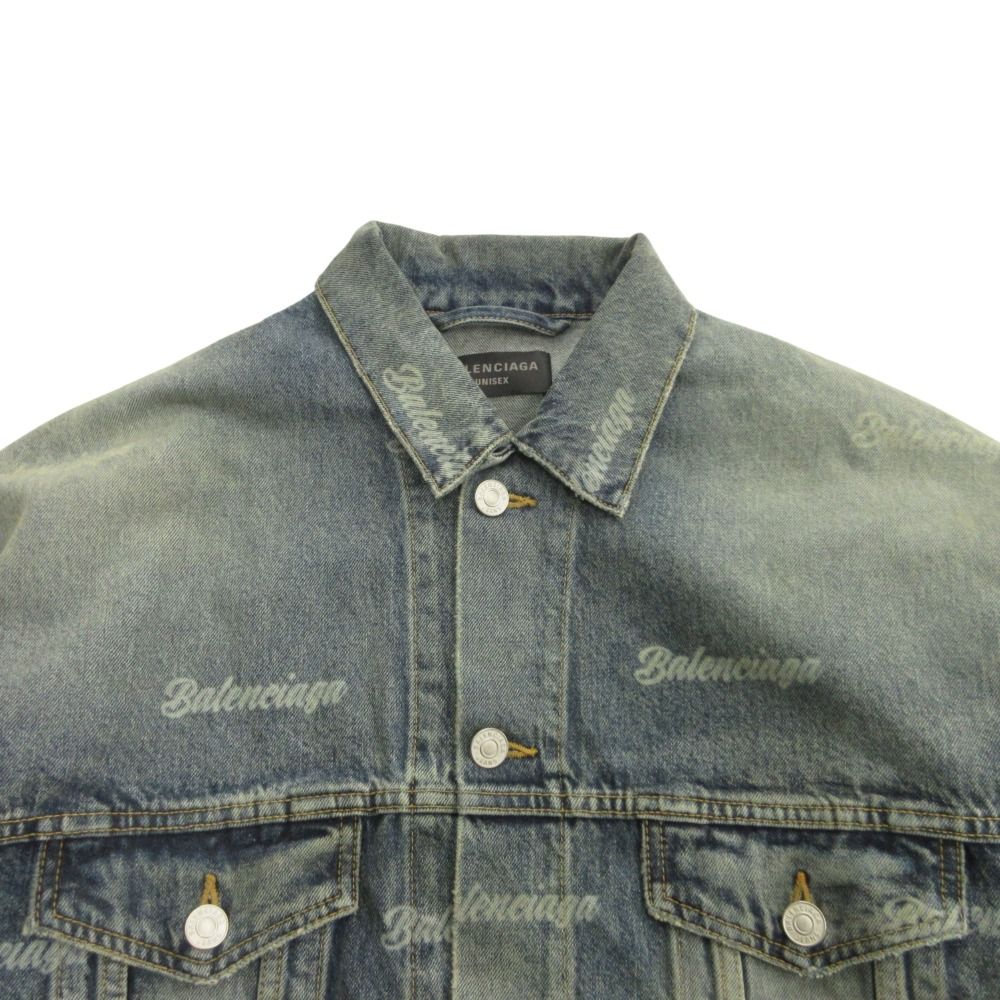 Balenciaga Oversize Denim Jacket Distressed Logo Allover Pattern XS Indigo — view 3