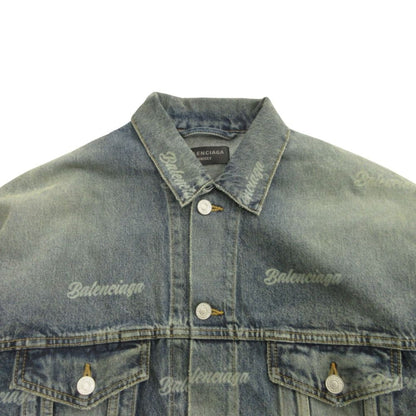 Balenciaga Oversize Denim Jacket Distressed Logo Allover Pattern XS Indigo — view 3