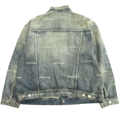 Balenciaga Oversize Denim Jacket Distressed Logo Allover Pattern XS Indigo — view 2