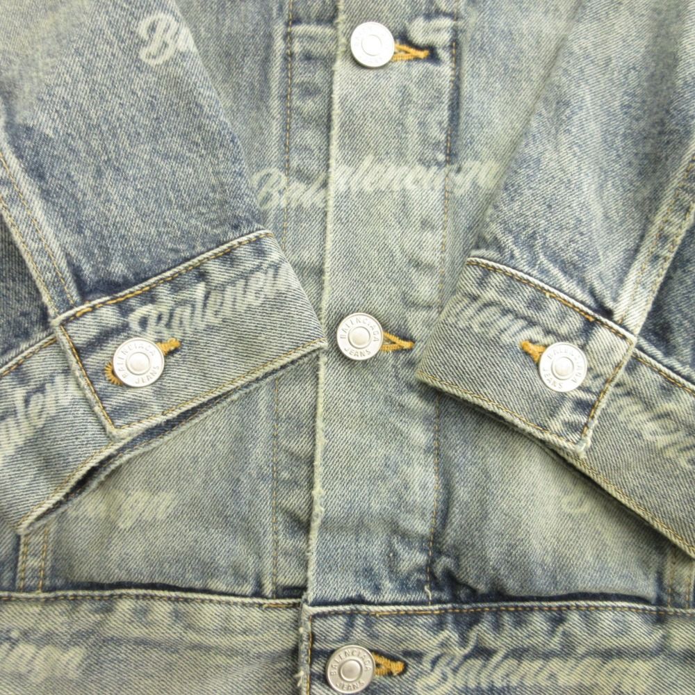 Balenciaga Oversize Denim Jacket Distressed Logo Allover Pattern XS Indigo — view 4