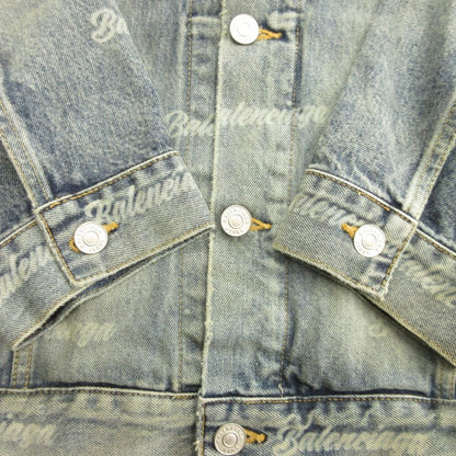 Balenciaga Oversize Denim Jacket Distressed Logo Allover Pattern XS Indigo — view 4