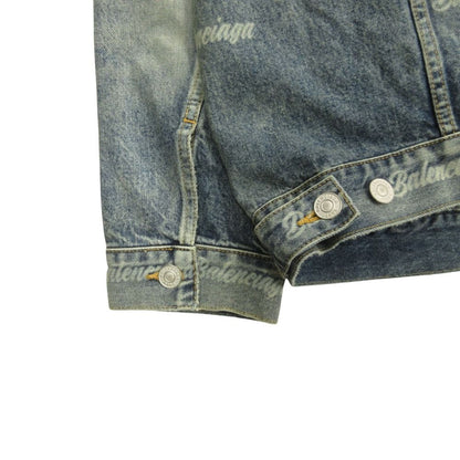 Balenciaga Oversize Denim Jacket Distressed Logo Allover Pattern XS Indigo — view 5