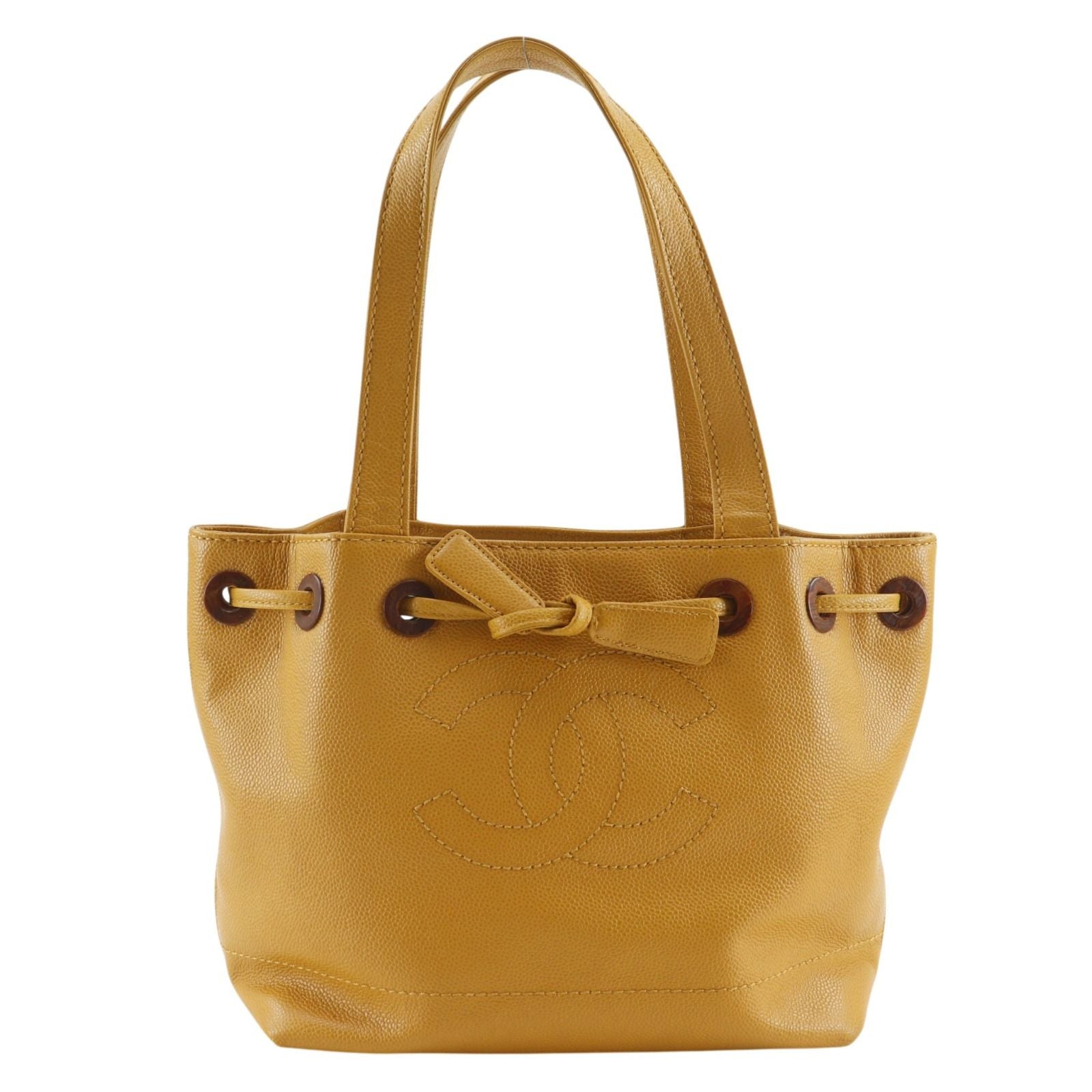 Chanel CC Logo Drawstring Caviar Leather Camel Tote