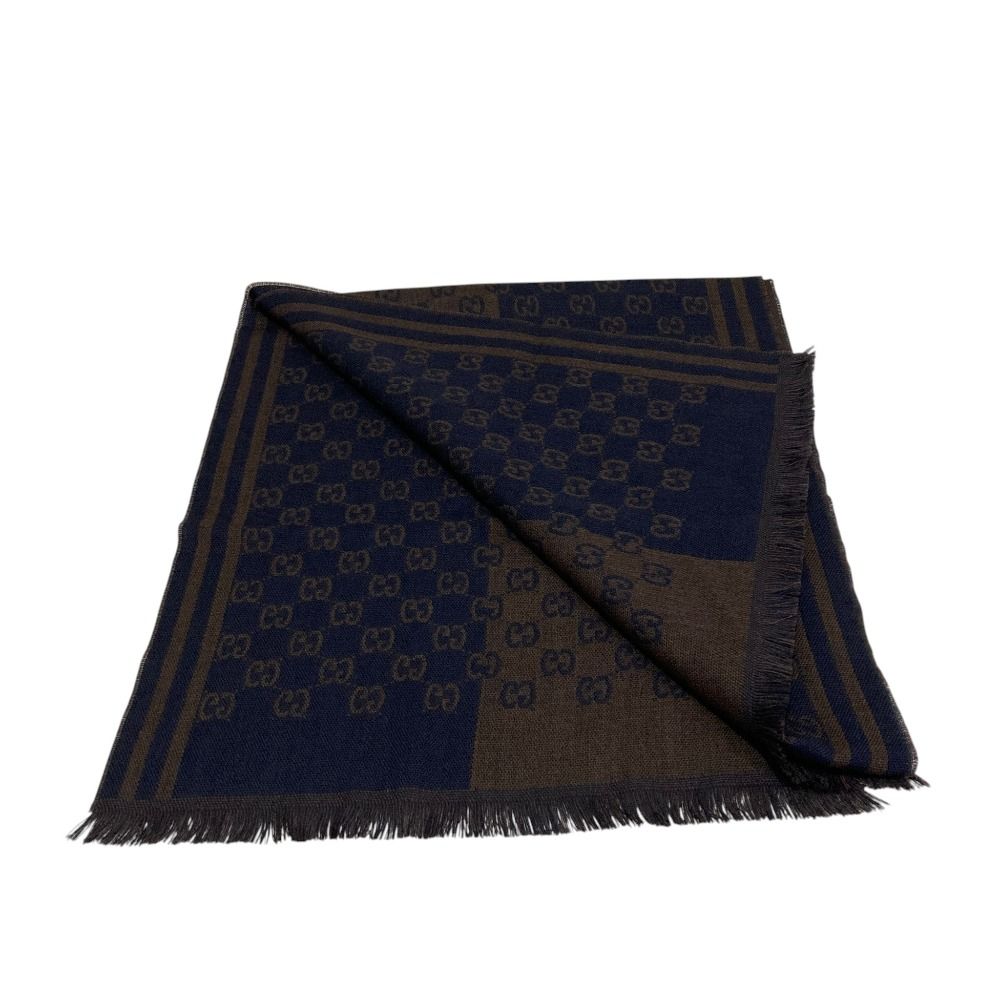Gucci GG Pattern Jacquard Wool Shawl Brown Navy Scarf — view 2