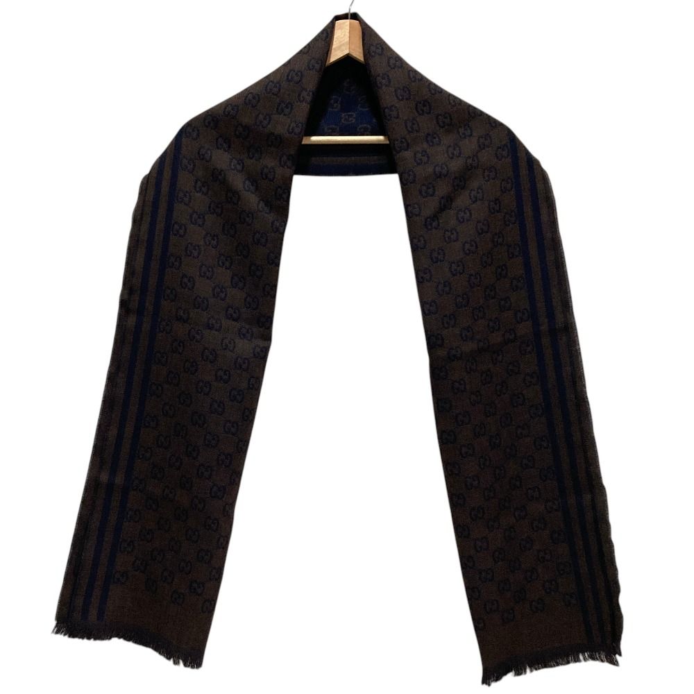 Gucci GG Pattern Jacquard Wool Shawl Brown Navy Scarf — view 3