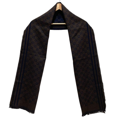Gucci GG Pattern Jacquard Wool Shawl Brown Navy Scarf — view 3