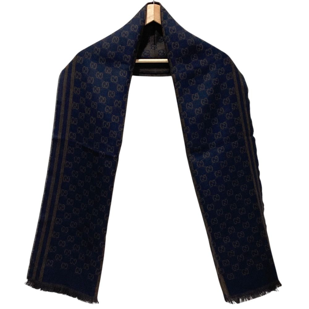 Gucci GG Pattern Jacquard Wool Shawl Brown Navy Scarf — view 4