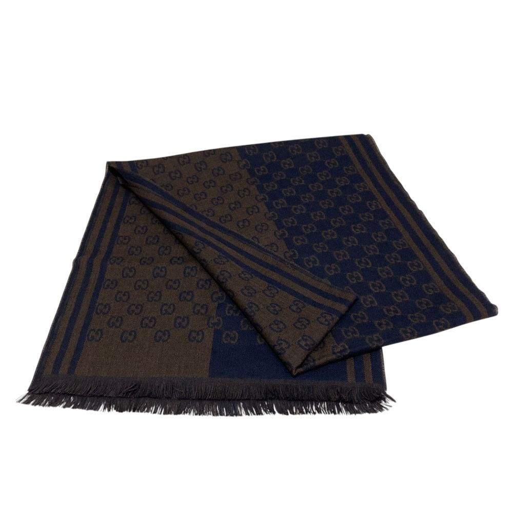 Gucci GG Pattern Jacquard Wool Shawl Brown Navy Scarf