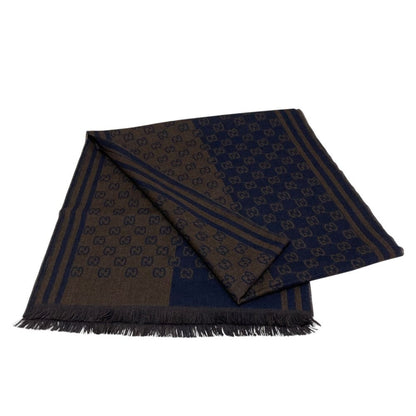 Gucci GG Pattern Jacquard Wool Shawl Brown Navy Scarf