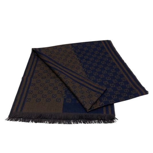 Gucci GG Pattern Jacquard Wool Shawl Brown Navy Scarf