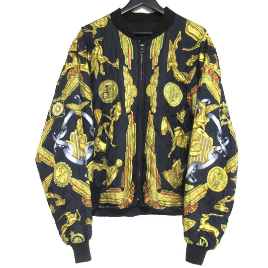 Hermes Silk Twill Scarf Pattern Reversible Zip Up Padded Bomber Jacket 54 Black