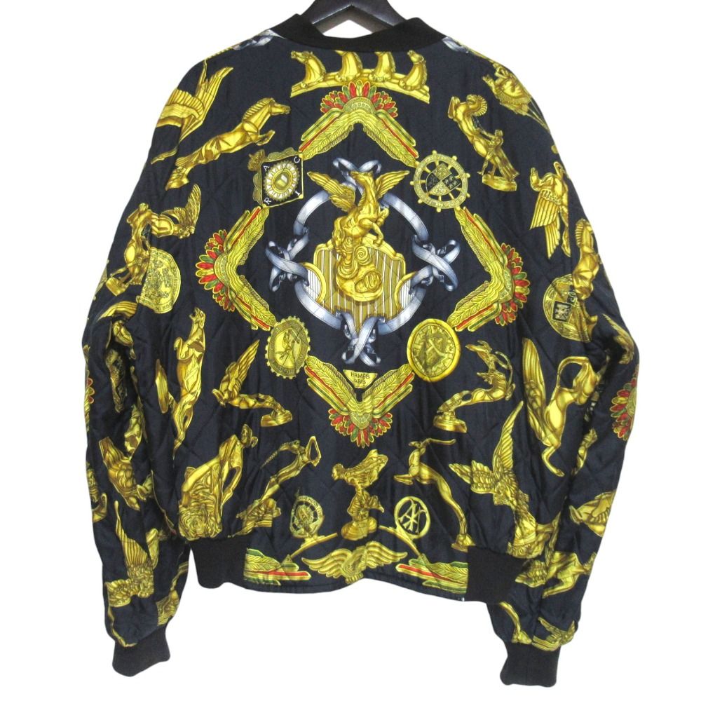 Hermes Silk Twill Scarf Pattern Reversible Zip Up Padded Bomber Jacket 54 Black — view 2