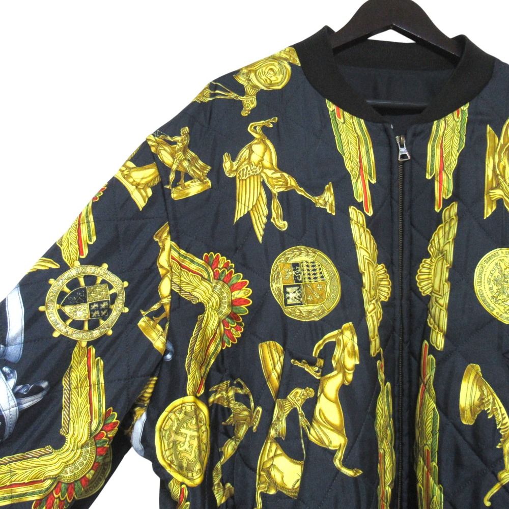 Hermes Silk Twill Scarf Pattern Reversible Zip Up Padded Bomber Jacket 54 Black — view 3
