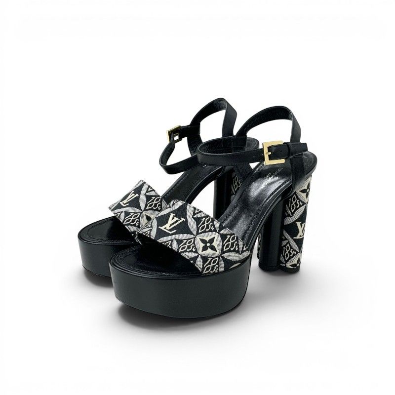 Louis Vuitton Podium Line Monogram Sandals Shoes Fabric Leather Black White LV