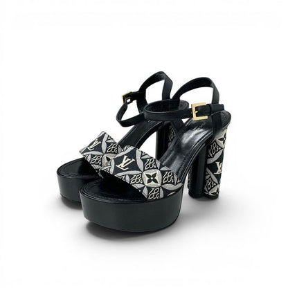 Louis Vuitton Podium Line Monogram Sandals Shoes Fabric Leather Black White LV