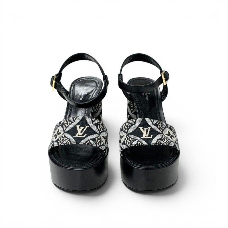 Louis Vuitton Podium Line Monogram Sandals Shoes Fabric Leather Black White LV — view 2