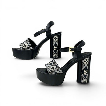 Louis Vuitton Podium Line Monogram Sandals Shoes Fabric Leather Black White LV — view 3
