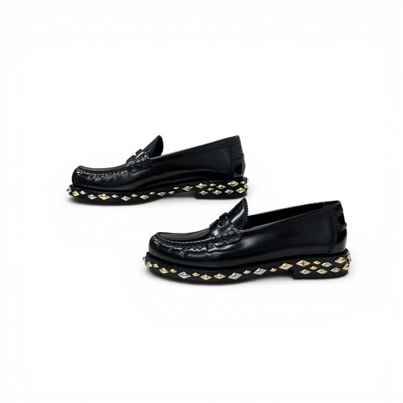 Louis Vuitton Broadway Line Loafers Leather Shoes Black Gold Silver Studs Penis — view 3