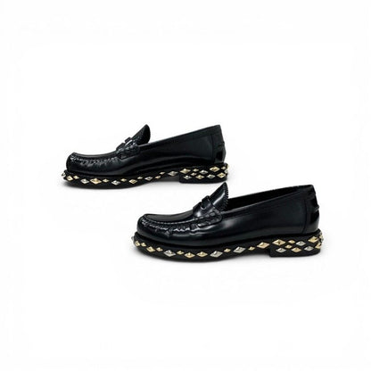 Louis Vuitton Broadway Line Loafers Leather Shoes Black Gold Silver Studs Penis — view 3