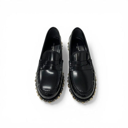 Louis Vuitton Broadway Line Loafers Leather Shoes Black Gold Silver Studs Penis — view 2