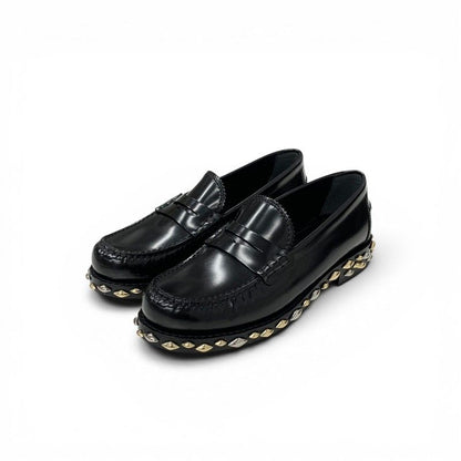 Louis Vuitton Broadway Line Loafers Leather Shoes Black Gold Silver Studs Penis