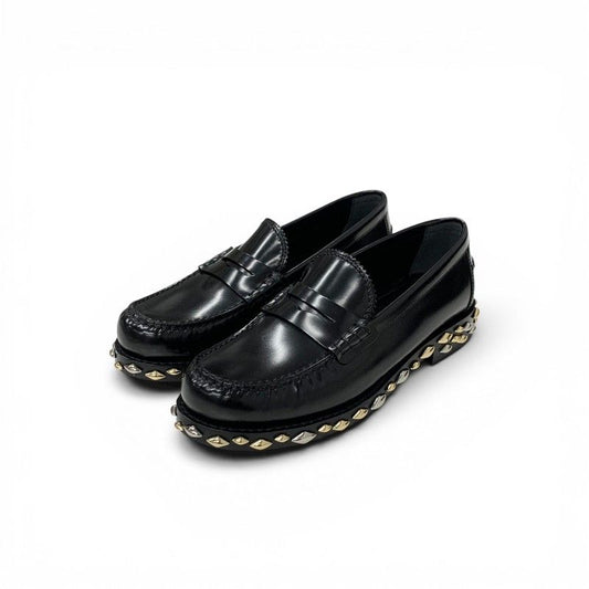 Louis Vuitton Broadway Line Loafers Leather Shoes Black Gold Silver Studs Penis