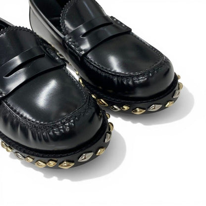 Louis Vuitton Broadway Line Loafers Leather Shoes Black Gold Silver Studs Penis — view 9